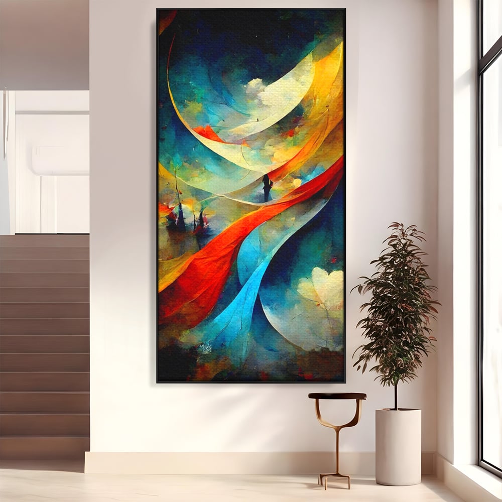 Tablou canvas cu pictura abstracta cu valuri colorate, in rama de aluminiu negru